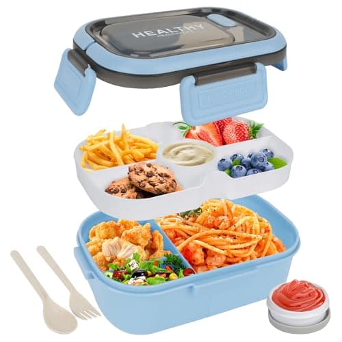 Image of OWill Lunch Box, 1200ML Lunch Box for Kids Adults Bento Box with Compartment Lunchbox Handle and Sauce Pot Leakproof Cutlery Set Microwave Dishwasher Safe Available in Office & School-Blue