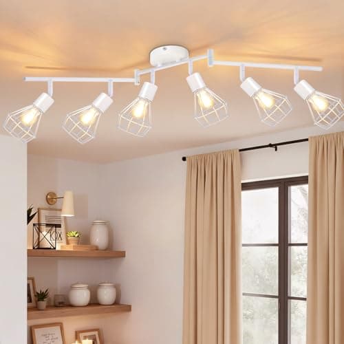 Image of Seruno X Kitchen Ceiling Lights 6 Way Adjustable Spotlights White, Industrial Wire Cage E14 Base, Vintage Ceiling Light Fixture for Lounge, Living Room, Bedroom, Kitchen, Wall Lights No Bulbs Included