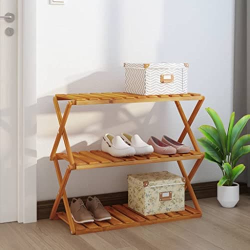Image of SooIarix Folding Shelf, 3 Shelves, Brown, 70 x 31 x 63 cm, Solid Acacia Wood, Folding Standing Shelf for Living Room, Bathroom Shelf, Standing, Bookcase
