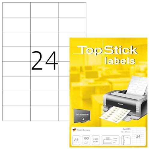 Image of TopStick A4 Self Adhesive Address Labels, 24 Labels Per Sheet, 100 Sheets, 2,400 Labels, 70 x 37 mm, Blank Printer Labels For Laser & Inkjet, Printable Sticky Paper Labels for Office & Home