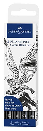 Image of Faber-Castell Creative Studio Pitt Artist Pen India Ink, Black, Pack of 4, Art, Craft, Drawing, Sketching, Home, School, University, Colouring