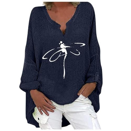 Image of 3/4 Sleeve Crinkle Gauze Shirts for Women Graphic 2025 Oversized Spring Blouses V Neck Long Sleeve Summer Loose Fit Peplum Embroidered Club Linen Bell Sleeve Cotton Tops Casual Tunic Navy