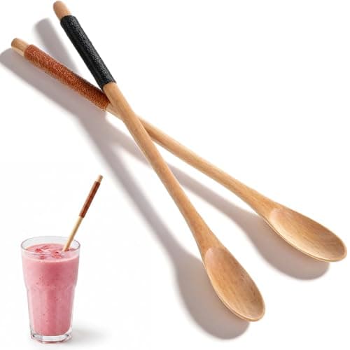 Image of Wooden Teaspoons Long Handled 2 Pcs, 8 Inch Honey Spoons Sundae Spoons Coffee Stirring Spoon Natural Kitchen Soup Spoon for Latte Ice Cream Espresso Dessert