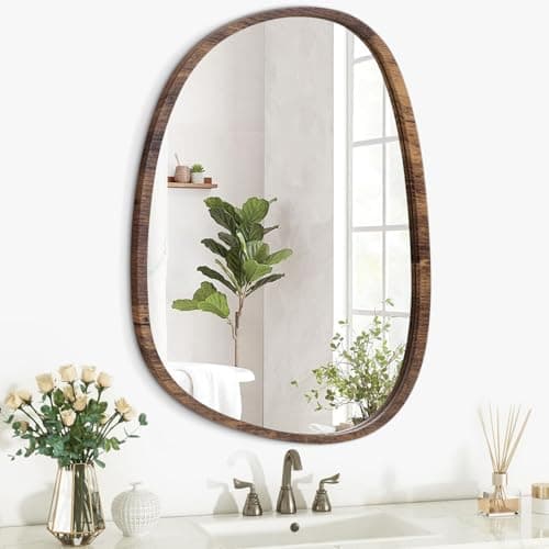 Image of Lzuso Small Wall Mirror Asymmetrical Irregular Wood Frame Mirror Modern Unique Wall-Mounted Artistic Oval Shape Mirror Decor for Bedroom Living Room Bathroom Vanity Entryway Hallway