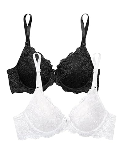 Image of Smart & Sexy Women's Signature Lace Push-up Bra-Perfect for Seeking Effortless Style and Comfort, Opaque, Black Hue/White 2pk, 34C (Pack of 2)