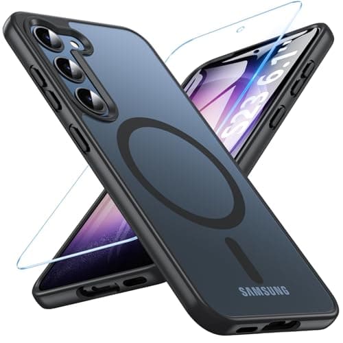 Image of BESINPO for Samsung Galaxy S23 Case with Tempered Glass Screen Protector, Magnetic S23 Phone Case Military-Grade Protection Shockproof Translucent Matte Back Cover Anti-Scratch Phone Cover(Black)