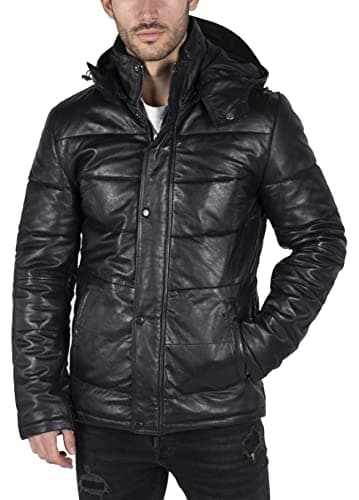 Image of TruClothing Mens Puffer Hood Quilted Jacket Real Leather Black Casual Retro 80s Classic Casual - Black XXL