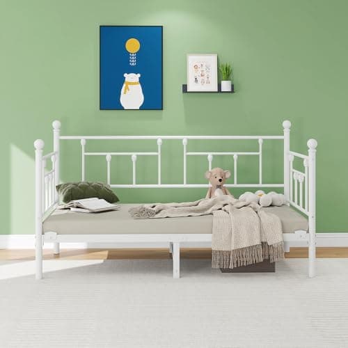 Image of VERFARM 3ft Single Metal Daybed Frame, Premium Steel Slat Support Sofa Bed Frame Single Size, Strong Mattress Foundation, No Box Spring Needed, Easy Assembly, 90x190 cm White