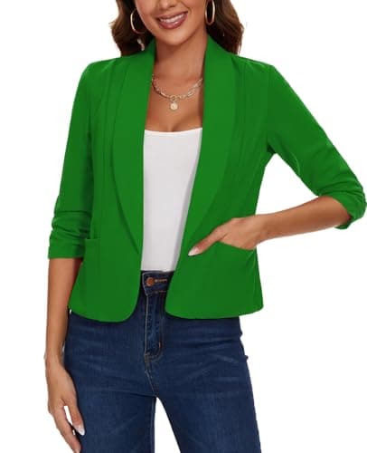Image of MINTLIMIT Cropped Blazer for Women 3/4 Ruched Sleeve Lapel Suit Open Front Tailored Jacket (Green M)
