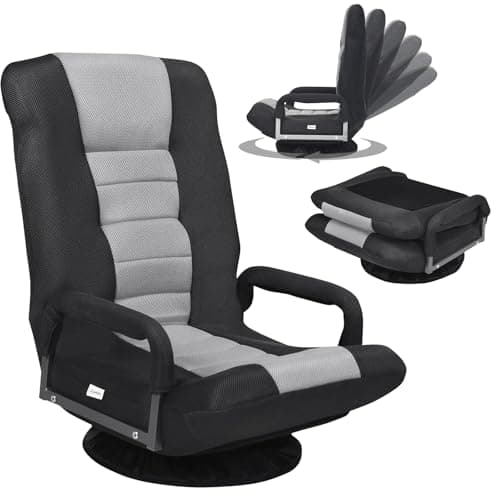 Image of ERGOMASTER 360 Degree Swivel Video Gaming Floor Chair w/Armrests, Adjustable 6-Position Folding Floor Chair Padded Backrest for Game Reading (Grey/Black)