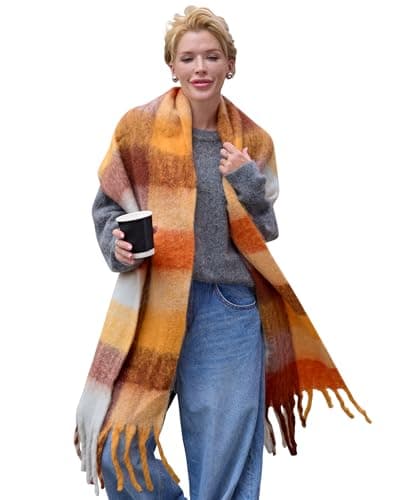 Image of Style Slice Women's Tartan Scarf Thick Warm Blanket Ladies Scarves, Plaid Check Long Large Oversized Soft Shawl and Wrap Christmas Gifts for Women Orange and Beige Plaid