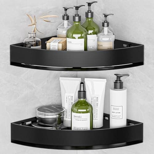 Image of Wisfame Black Corner Shower Caddy - Rustproof Aluminium Triangle Shower Shelf - No Drill & Drill Installation - 2 Bathroom Shelves Wall Mounted (8KG Capacity/Tier)