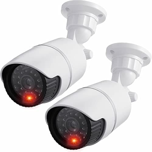 Image of JUSTOP Dummy CCTV Cameras, 2x Fake Bullet Security Camera With Flashing LED, Waterproof For Indoor or Outdoor Use, Professional Black&White Casing (2pcs Pack)