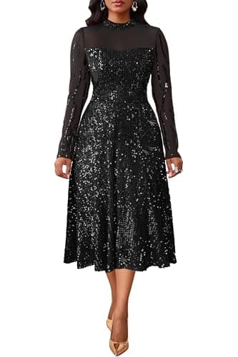 Image of VERWIN Women's Sparkly Round Neck Long Sleeve A Line Prom Party Cocktail Midi Sequins Dress with Pockets L Black