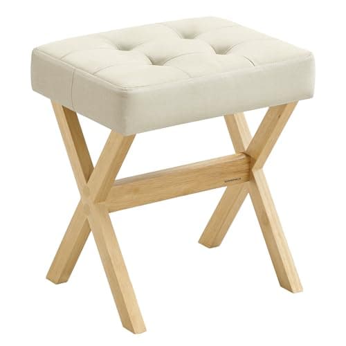 Image of SONGMICS Dressing Table Stool, Upholstered Makeup Vanity Stool, Foot Rest, Solid Wood X Legs, for Bedroom, Wardrobe, Entryway, 32 x 42 x 46 cm, Summer Sand and Natural Beige LSF006LF03