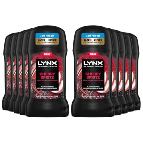 Image of Lynx Fine Fragrance Collection Stick Deodorant for Men Cherry Spritz, Pack of 10, 72 Hours Odour Protection Aluminium-Free Premium Deodorant Stick Infused with Essential Oils, 50 ml