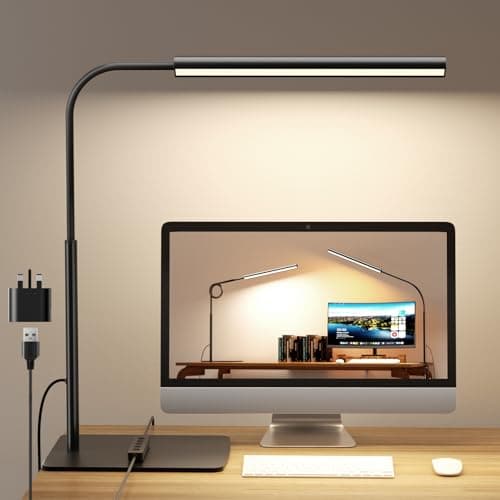 Image of WHW3WIN LED Desk Lamp with Clamp and Base - Flexible Gooseneck - 5 Lighting Modes, 11 Brightness Levels, Timer & Memory, Eye-Comfort Study/Nail Light, 12W Adapter Included - Black