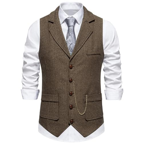 Image of maxToonrain Classic Mens Tweed Suit Vest Casual Sleeveless Jacket Herringbone Waistcoat for Tuxedos (Classic Brown, Medium