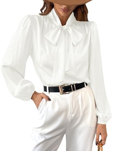 Image of CUPSHE Satin Shirt Top for Women Bow Tie Long Sleeve Shiny High Neck Work Casual Blouses White L