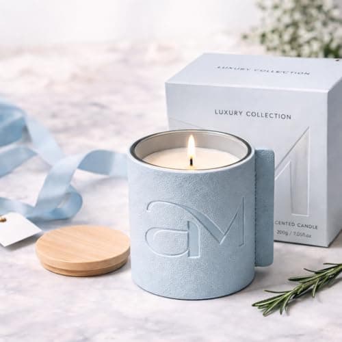 Image of Luxury Scented Candle with Wooden Lid 200g – Rosemary Fresh Rose Oudh Bergamot Fragrances – Decorative Glass Jar Candle for Home Fragrance Relaxation Gift JR2557 (Calm Rosemary – Blue)