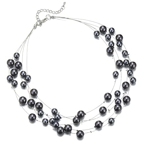 Image of FULU AUTUMN Layered Pearl Necklace Beaded Silver Choker Handmade Boho Statement Costume Necklaces Fashion Jewellery Gifts for Women(Dark grey)