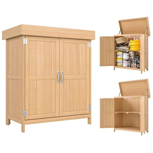 Image of Outsunny Small Shed, Wooden Garden Shed with Openable Hinged Roof and Removable Shelf, Outdoor Tool Storage Cabinet Chest with Double Doors, 74 x 43 x 88 cm, Natural Wood Finish