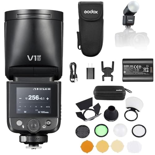 Image of Godox V1 Mid Canon Flash Speedlite, flash alta velocità con testa rotonda per fotocamera, Godox V1mid-C flash TTL (V1 mid+AK-R1 für Canon)