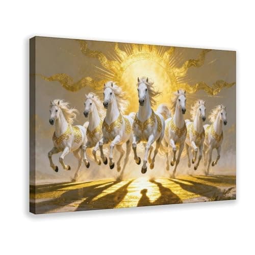 Image of Luxury Seven Running Horses Canvas Print Wall Art White Horses Vastu Prosperity Design for Living Room Bedroom, 12x18inch(30x45cm) Frame