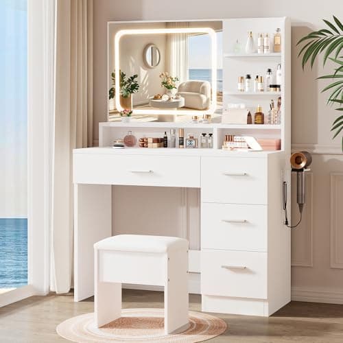 Image of LIVELYGLOW Makeup Vanity Desk with Smart LED Mirror, Dressing Table with Power Outlet & Hairdryer Rack, 4 Drawers & Open Shelves, Cushioned Stool Included, 90x40x135cm, White