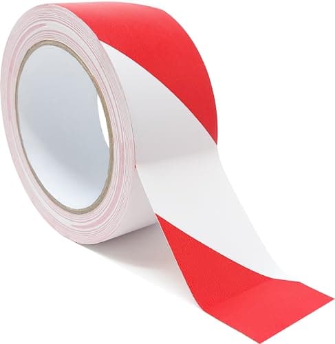 Image of ArmaKit Hazard Tape | 50mm wide (2") x 33m Length (Red/White) - High Visibility White and Red Diagonal Striped. Indoor/Outdoor All-Weather; Carpet, Tile, Wood, Stone, Concrete, Metal