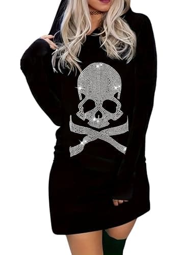 Image of EVELUST Halloween Skull Gothic Sweatshirt Women - Goth Skeleton Vintage Top Pattern Rhinestone Hoodie Black Casual Long Sleeve Y2k Clothes(Black,4XL,11561w)