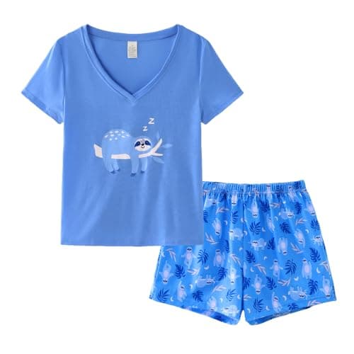 Image of MyFav Women's Pyjamas Sets Short Sleeve Top Sleepwear with Shorts Casual Comfy Pj Set Loungewear,Blue Sloth,S