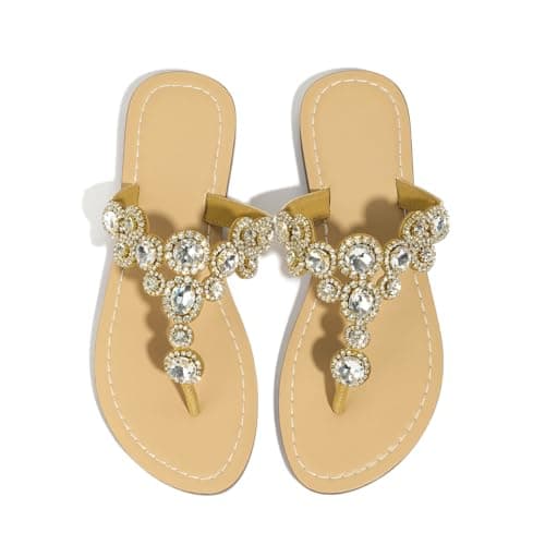 Image of S&S-women Silver Jeweled Hand Crafted Crystal Flip Flops Rhinestones Flats Sandals Gold Size 7.5