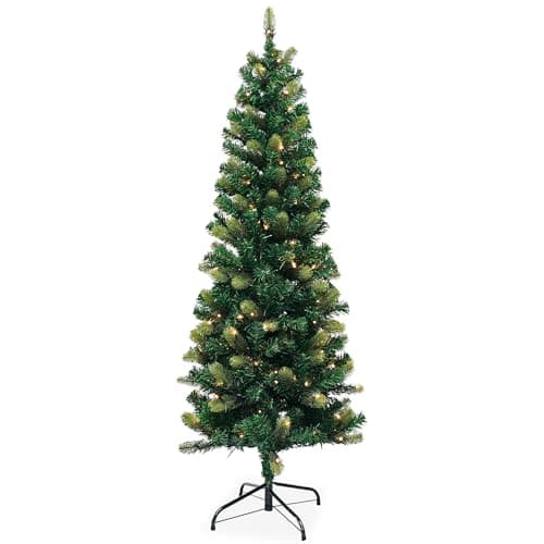 Image of Trimming Shop 6FT Yuletide Slim Green Pine Christmas Tree – Realistic Artificial Norway Spruce with 613 Tips, Space-Saving Design, Hinged Branches, Foldable Metal Base, Perfect for Small Indoor Spaces