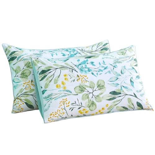 Image of STYHO Green Pillow Cases 2 Pack Standard Size Egyptian Cotton Flower Pillowcases for Hair and Skin Ultra Soft Smooth Floral Patterned Pillow Covers with Envelope Closure, 50 x 75 cm