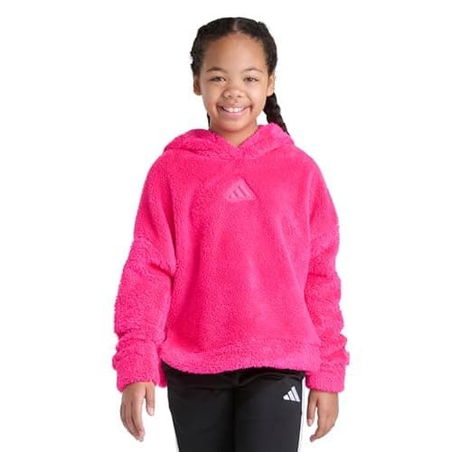 Image of Adidas 3-Stripes Sherpa Hooded Pullover (Big Kid) Hoodie Girls, Pink Shock, XL