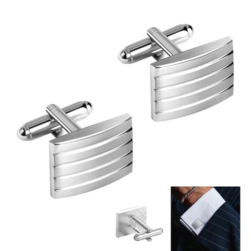 Image of 2 PCS Striped Cufflinks Alloy, Silver Rectangle Striped Cufflinks, Men's Cuff Links for Suit Shirt Wedding Business, Classic Brass Design for Men, Elegant Polished Look