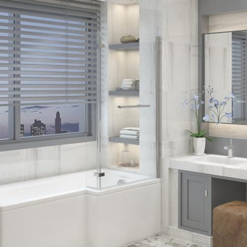 Image of Aquariss Chrome 1400x810mm Pivot L Shape Bath Screen with Hinged Folding Return Panel 6mm Toughened Safety Glass & Towel Rail Handle