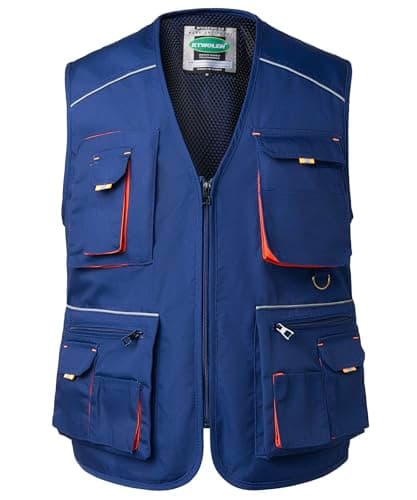 Image of KTWOLEN Men's Work Tool Vest Carpenters Multi-Pocket Safety Vests Mechanics Sleeveless Work Gilet, Blue, L