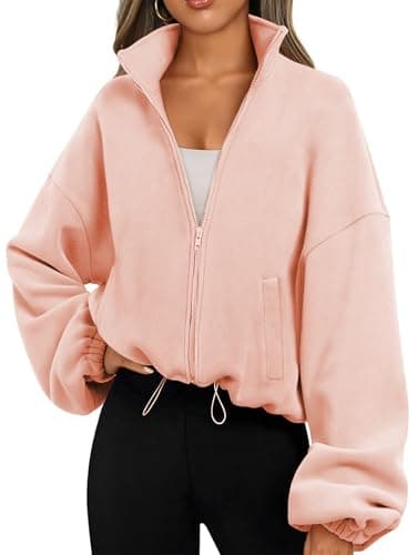 Image of Famulily Ladies Cropped Sweatshirt with Drawstring Long Sleeve Mock Neck Jackets Cozy Streetwear Y2K Sherpa Sweater Tops Pink L