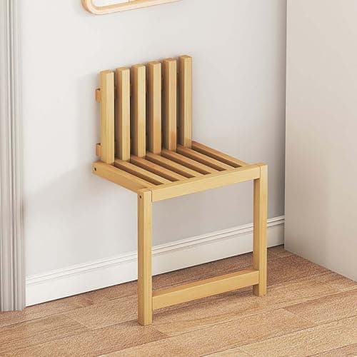 Image of GAOCUNBING Wooden Entryway Chair with Supporting Legs, Wall Mounted Folding Chair Tight, Hidden Footstool, Folding Shower Seat, Space Saving Bathroom Stools Wood color