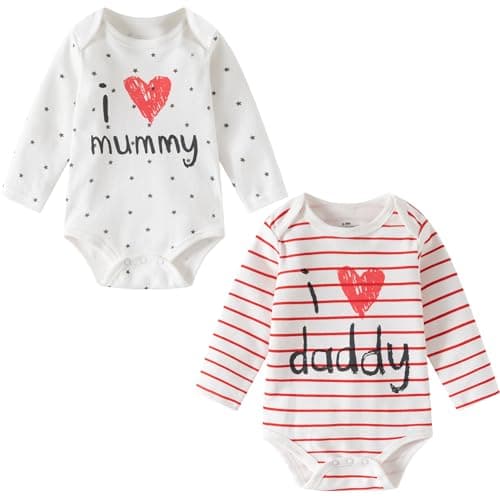 Image of Lullaby Layers Baby Bodysuits 2 Pack – I Love Mummy & Daddy Long Sleeve Cotton Rompers – Unisex Baby Girl & Boy Outfits (White, 6-9 Months)