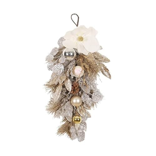 Image of champagne Christmas Teardrop Swag with Ball Ornaments,20 Inch Artificial Xmas Teardrop Swag,Hanging Garland Ornament for Xmas Tree Front Door (Without LED light)