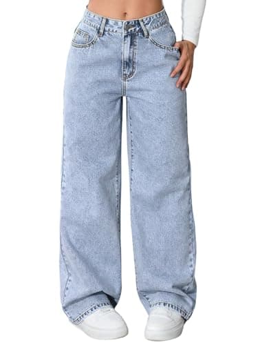 Image of SweatyRocks Jeans Women's Elegant Women's Jeans High Waist Denim Jeans with Zip Wide Leg Trousers with Pockets Jeans with Pockets, blue, L