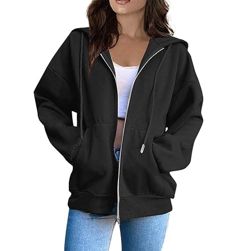 Image of Ladies Fleece Jackets, Women Full Zip Hoodie Jacket Ladies Long Sleeve Plain Zipper Hooded Sweatshirts Basic Lightweight Sports Running Coat Tops with Pockets Uk Size 8 10 12 14 16,Black,XXL,U09K