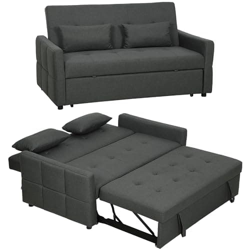 Image of HOMCOM 2 Seater Sofa Bed, Click Clack Sleeper Sofa with Pull Out Design, 2 Pillows, High Density Foam, Wide Seat, Linen Convertible Loveseat Bed Settee for Living Room, 137x179cm, Charcoal Grey