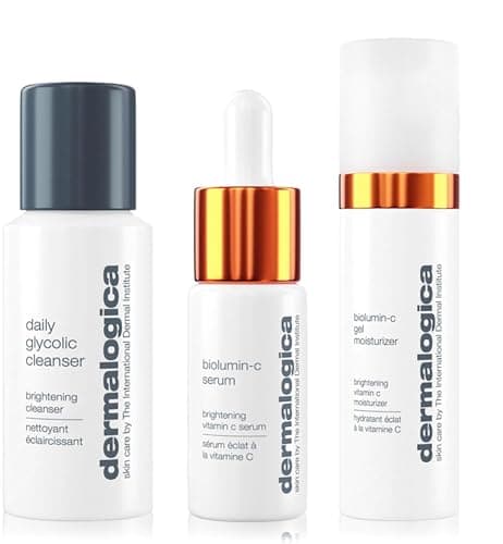 Image of Dermalogica Daily Brightness Boosters Kit, Daily Glycolic Cleanser 28ml, BioLumin-C Serum 8ml, BioLumin-C Gel Moisturiser 14ml, Brightens, Conditions, Hydrates, Skincare Routine Essentials