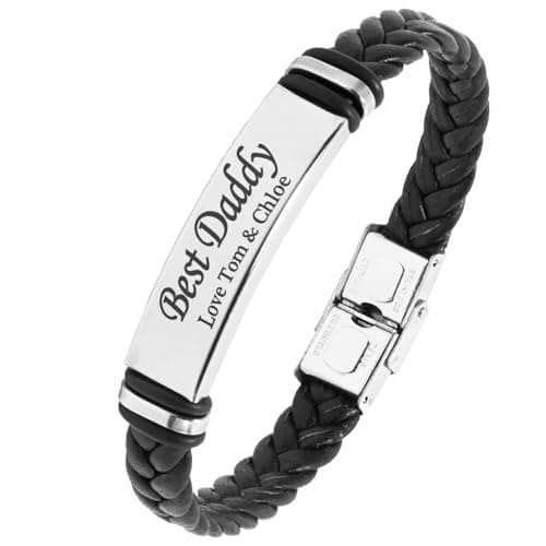 Image of The Magical touch TMT Personalised Black Men's Leather Bracelet Adjustable Size for Dad ID Identity Birthday Gift Name Engraved | Best Men Boyfriend