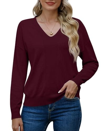Image of PrinStory Christmas Jumper Women V Neck Jumpers Sweatshirt Ladies Casual Classic Plain Pullover Knit Long Sleeve Sweatshirt Knitwear For Winter Fall Spring (Wine Red, M)
