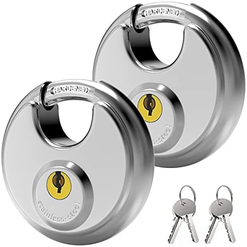 Image of Key Padlock Outdoor, [2-Pack] [Waterproof] Diyife 70mm Stainless Steel Disc Lock Heavy Duty Padlock Weatherproof with 9.5mm Shackle for Warehouse, Container, Garage, Gate, Shed, Fence (4 Keys)